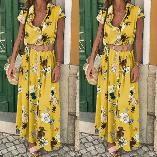 Women Floral Boho Long Dress Short Sleeve High Waist Elegant Ladies Holiday Summer Beach Casual Sundress