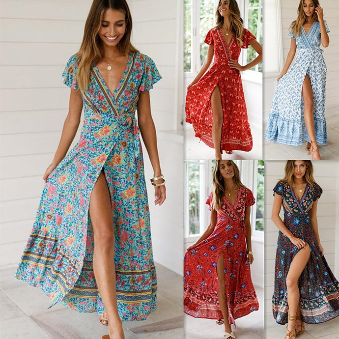 Casual Behemian Women Summer Dress 2019 Sexy Floral Printed Maxi Dress Irregular Sashes Long Boho Vestidos Chiffon Vintage Robe